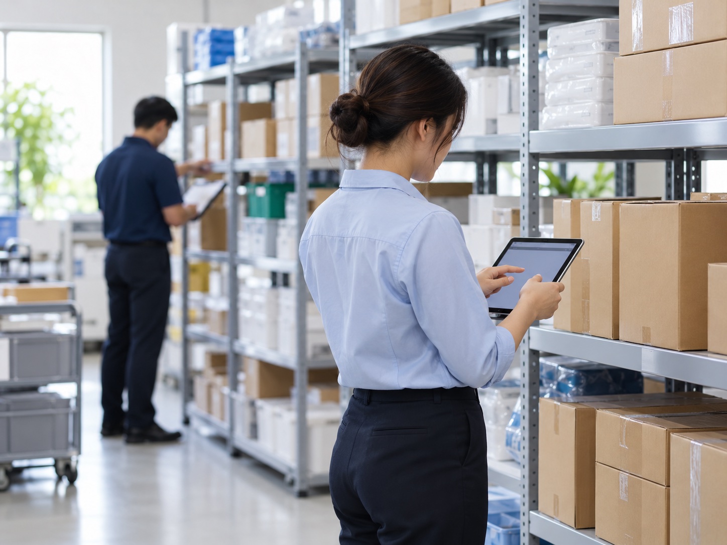 Institutional supply coordinator checking organized stock